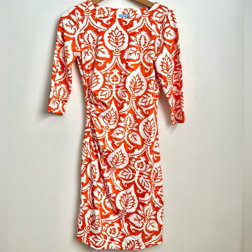 J. McLaughlin Side Ruched Orange Abstract Dress